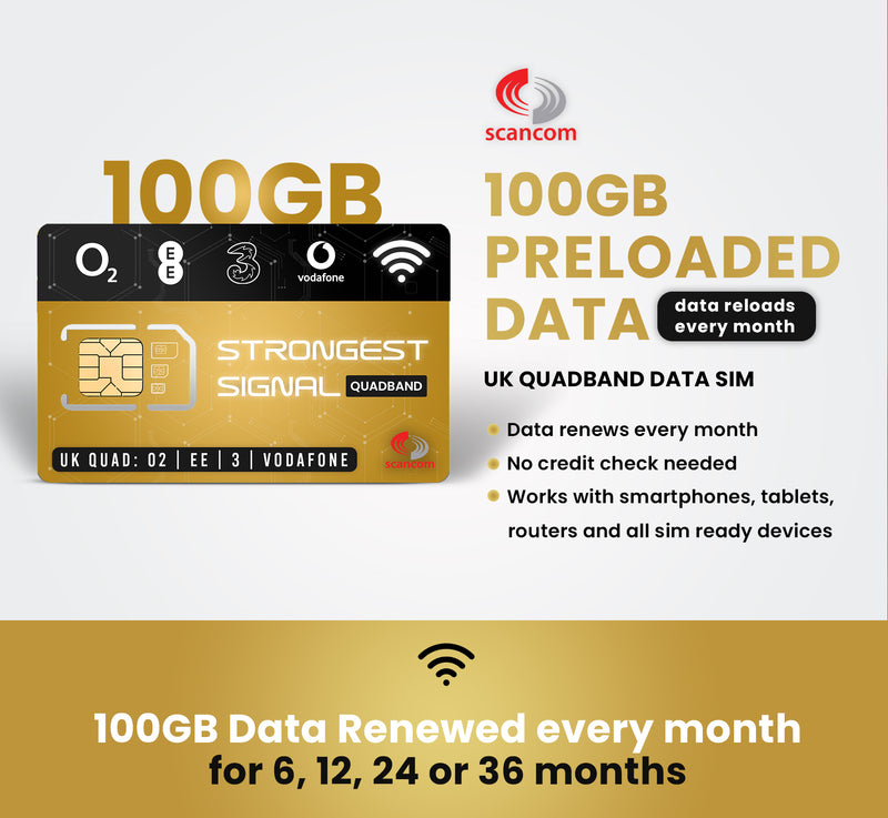 Multi Network 100GB Data SIM UK - EE O2 Three Vodafone Preloaded Data Every Month for 6 / 12 / 24 / 36 months