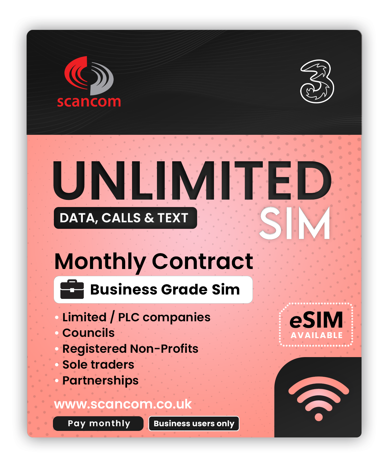 Three Unlimited Data, Calls and Texts £10 per month *Minimum 3 Lines* - Offer Expires 4th Feb 2025