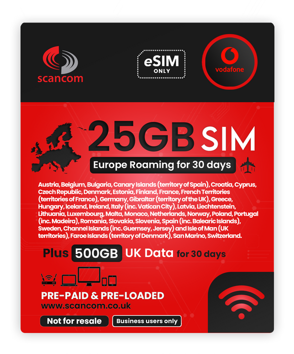 Vodafone Europe 25GB Roaming + UK 500GB for 30/60 Days