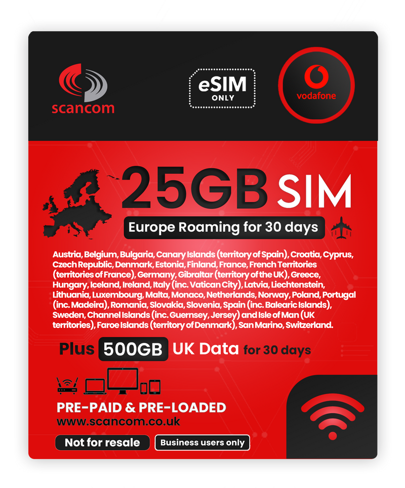 Vodafone Europe 25GB Roaming + UK 500GB for 30/60 Days