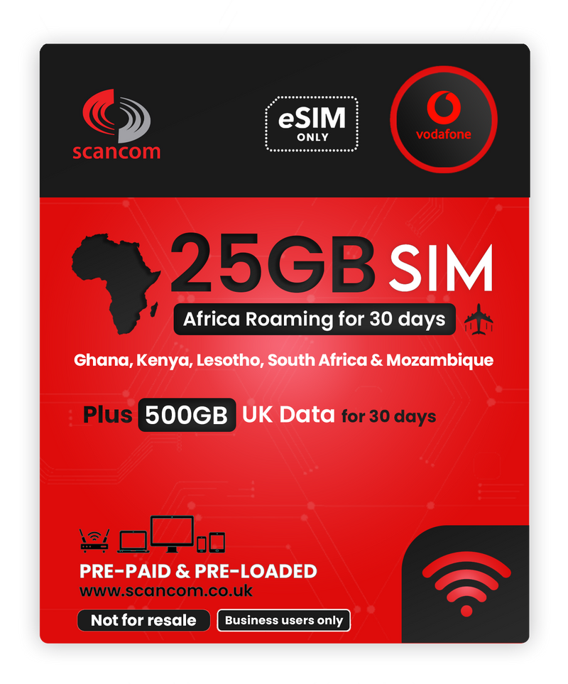 Vodafone Africa 25GB Roaming + UK 500GB for 30 Days