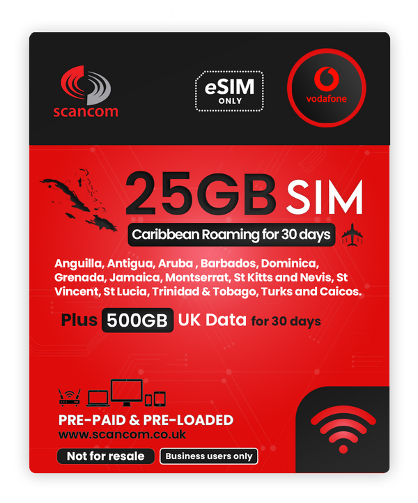 Vodafone Caribbean 25GB Roaming + UK 500GB  for 30 Days