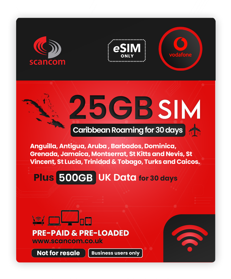 Vodafone Caribbean 25GB Roaming + UK 500GB  for 30 Days